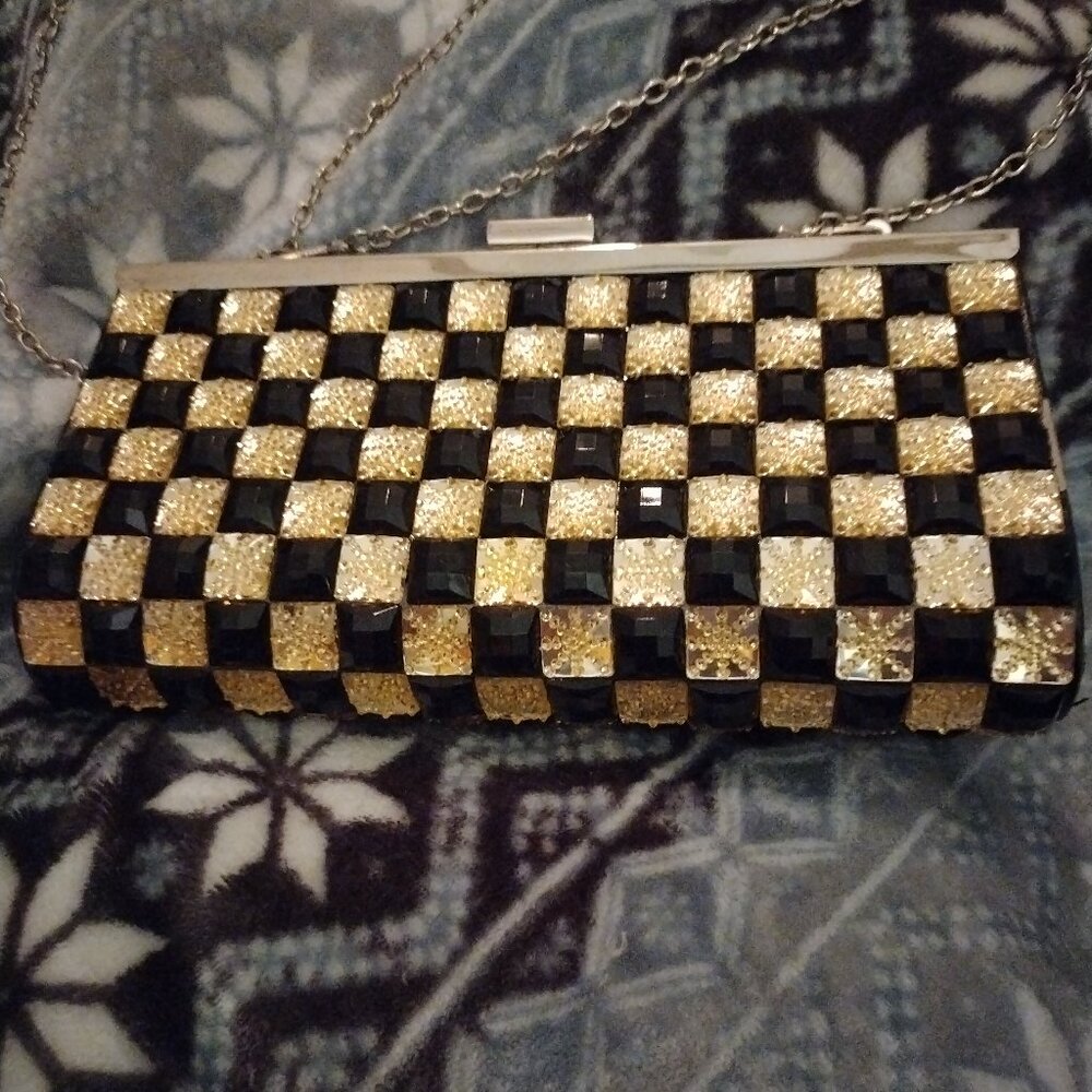 Gold & Black Checkerboard Beaded Evening Bag